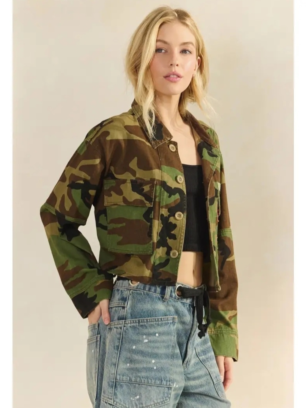 Camo Embellished Cropped Jacket - Green By Veveret - Picture 4 of 8